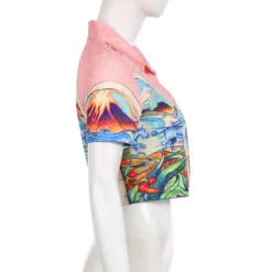 Spring Summer Fashion Trend Ladies Abstract Face Print Turndown Collar Short Sleeve Button Loose Cropped Shirt