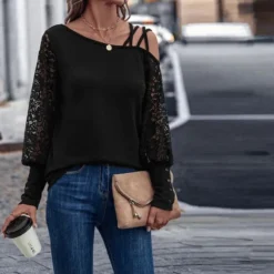 Women Suspender Lace Loose Long-sleeved T-shirt