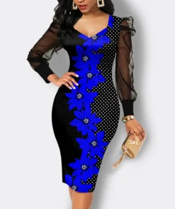 Fall Print Dress Women's Mesh Sleeves Pencil Midi Bodycon Dress