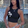 Women Summer Black Streetwear O-Neck Solid Crop Top
