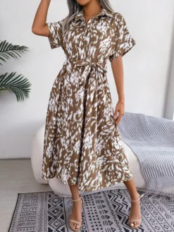 Women Summer Casual Loose Leopard Tie Shirt Dress