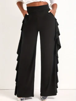 Women's Stylish Elegant Ruffled Solid Color High Waisted Casual Wide Leg Pants