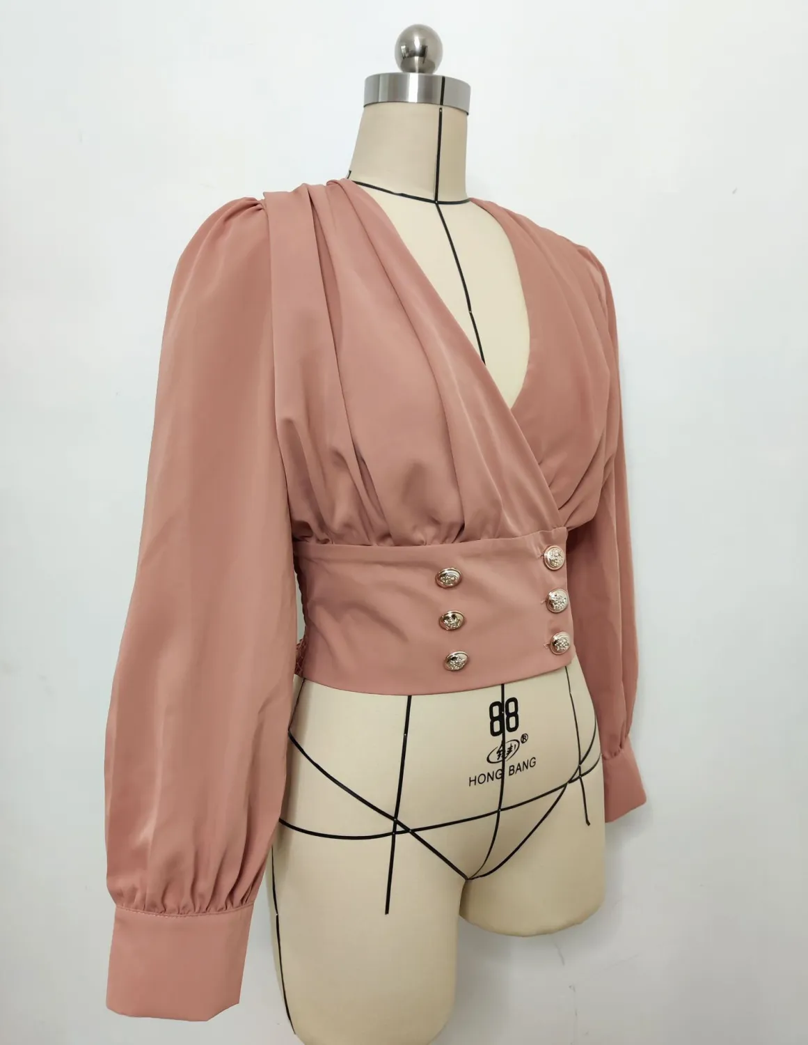 Women's V-Neck Sexy Long-Sleeved Short Slim Waist Puff Sleeve Solid Color Pleated Shirt - Image 5