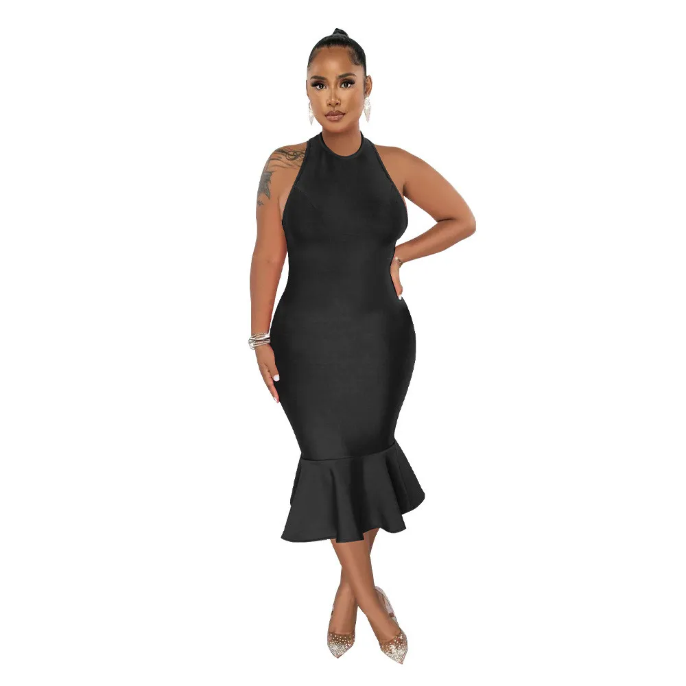 Women's Solid Color Halter Neck Bodycon Mermaid Party Dress - Image 5