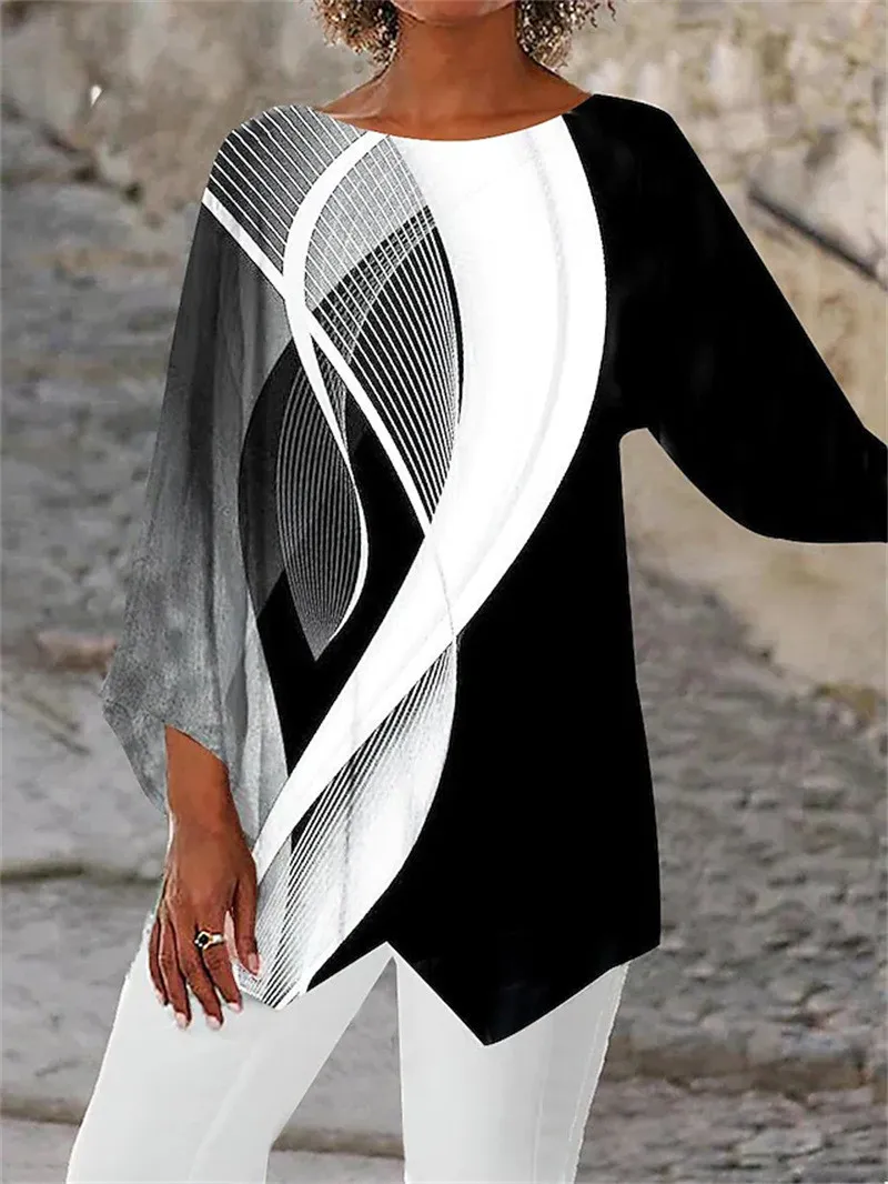 Spring/Summer Geometric Print Long Sleeve Patchwork Round Neck Shirt - Image 4