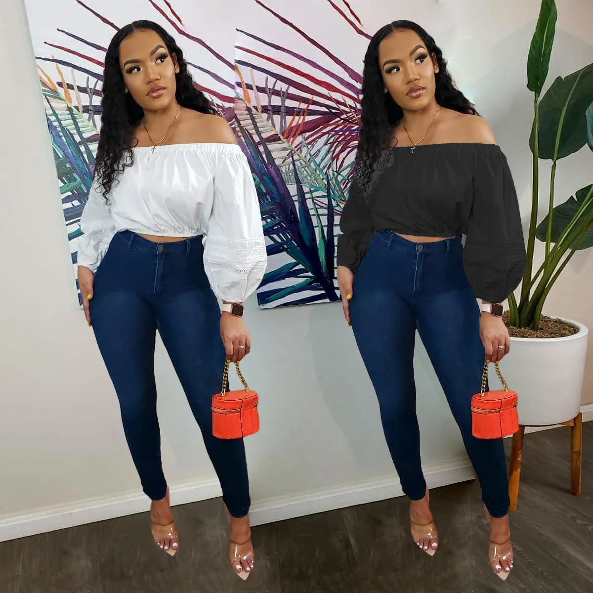 Women's Autumn Solid Lace Off Shoulder Top (Top Only) - Image 2