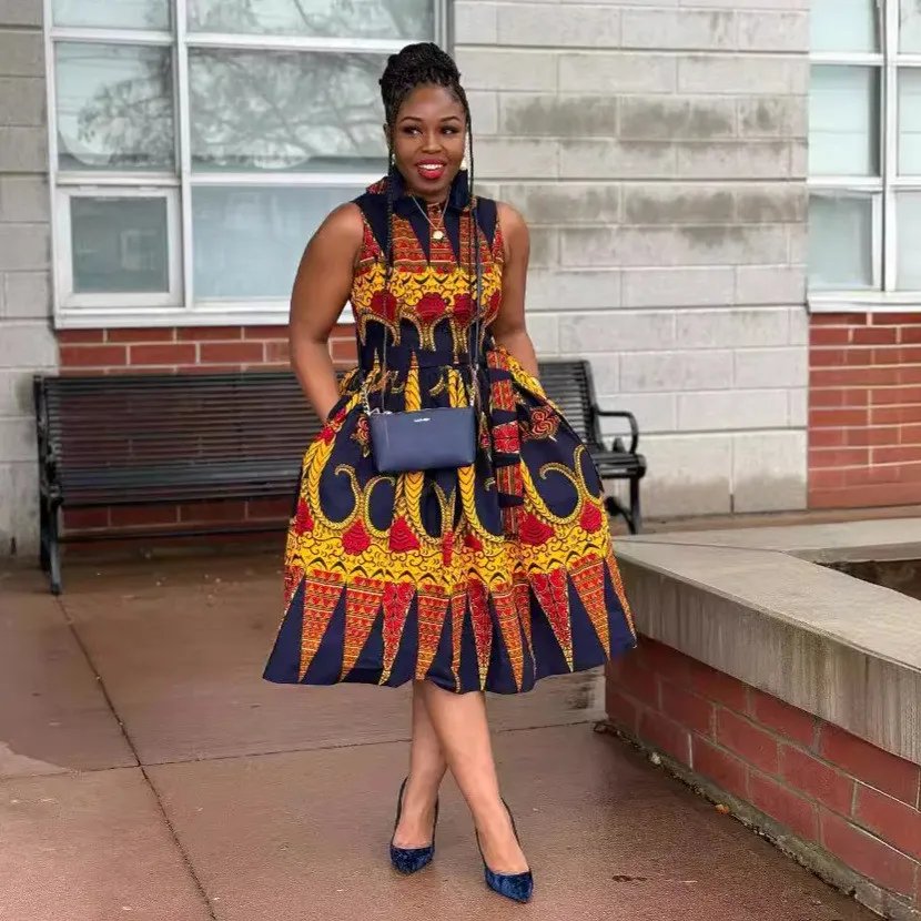 Sexy Printed Turndown Collar Sleeveless Slim Waist African Dress - Image 12