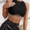 Women Sexy Solid Rhinestone Tassel Sleeveless Halter Neck Crop Tank Top