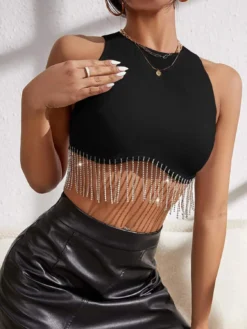 Women Sexy Solid Rhinestone Tassel Sleeveless Halter Neck Crop Tank Top