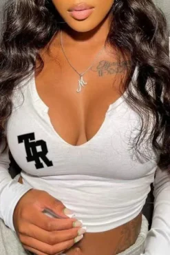 Letter Printed V-Neck Women's Long Sleeve Top