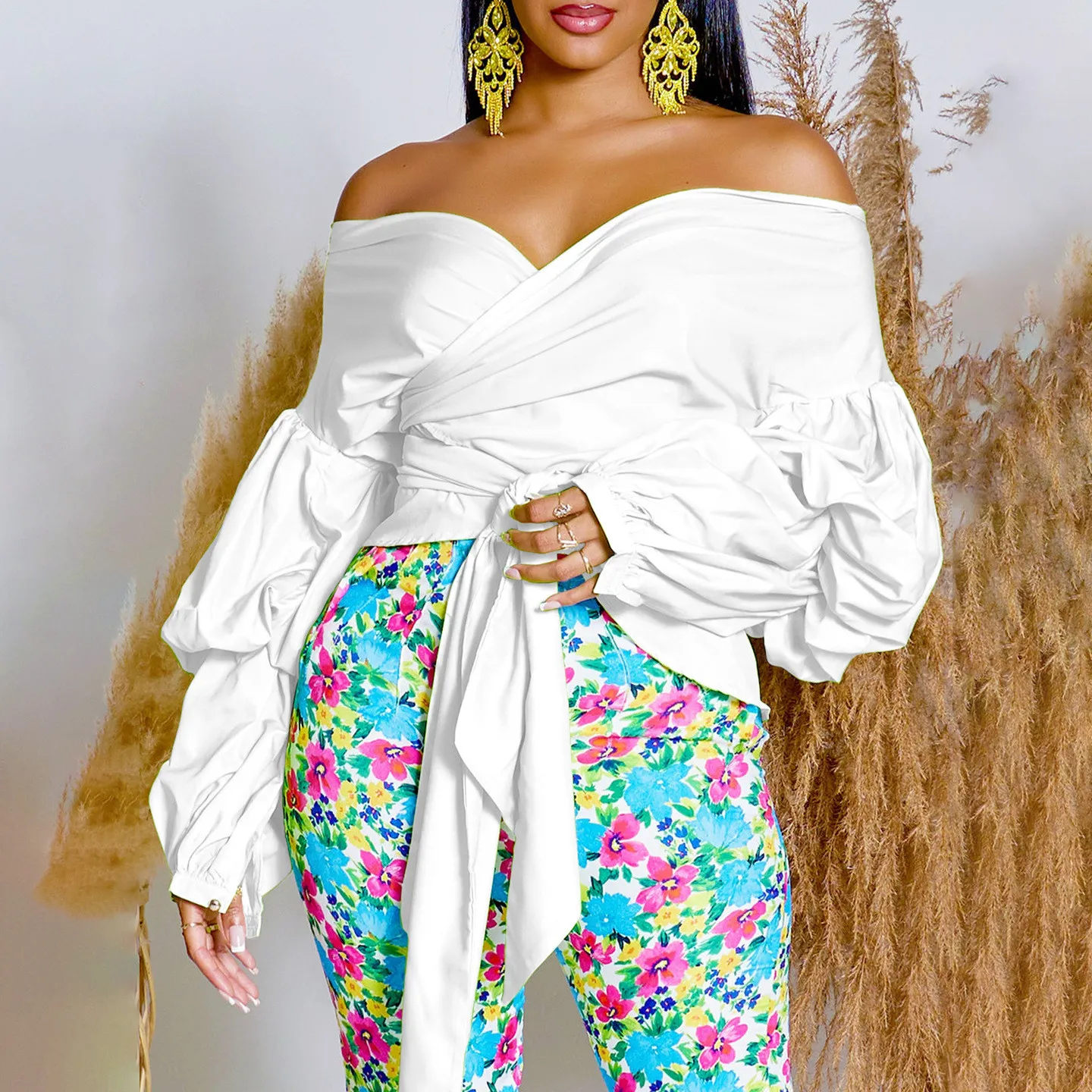 Summer Fashion Solid Color Off-Shoulder Cross Lace-Up Puff Sleeve Sexy V-Neck Shirt African Top - Image 8