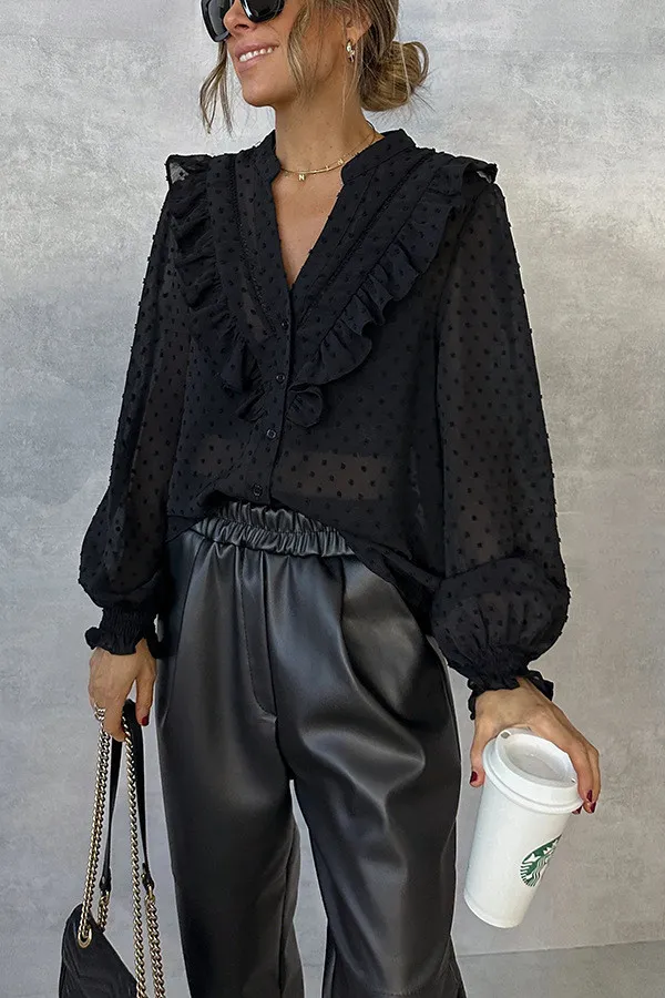 Spring Ruffled Lantern Sleeve Chic Career Buttoned Long Sleeve Shirt - Image 3