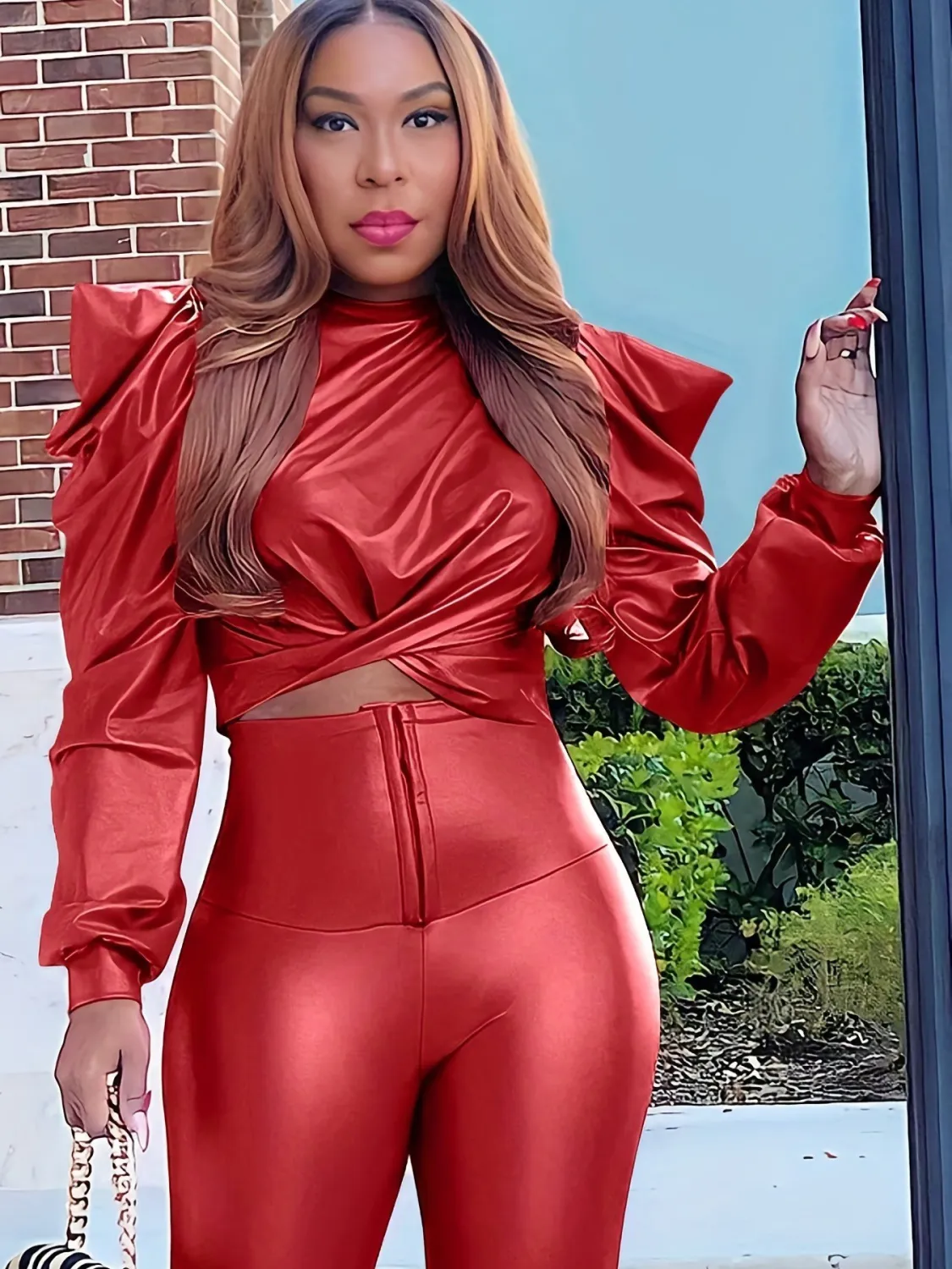 Women Puff Shoulder Pu Leather Crop Top - Image 5