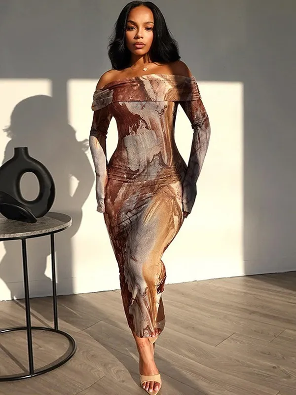 Women's Retro Fashion Print Sexy Off Shoulder Long Sleeve Trendy Dress - Image 15