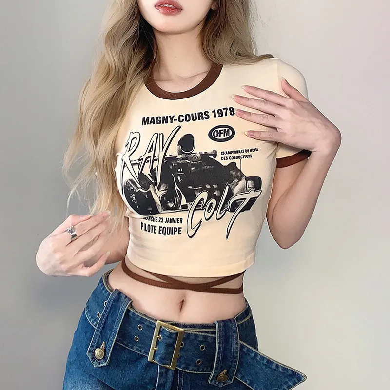 Summer Sexy Slim Fashion Print Round Neck Lace-Up Corset Crop T-Shirt Women - Image 3