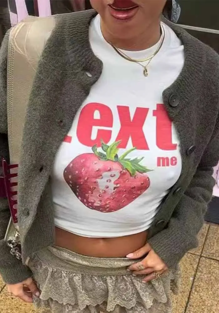 Women Short Sleeve Printed Strawberry Crop T-Shirt - Image 3