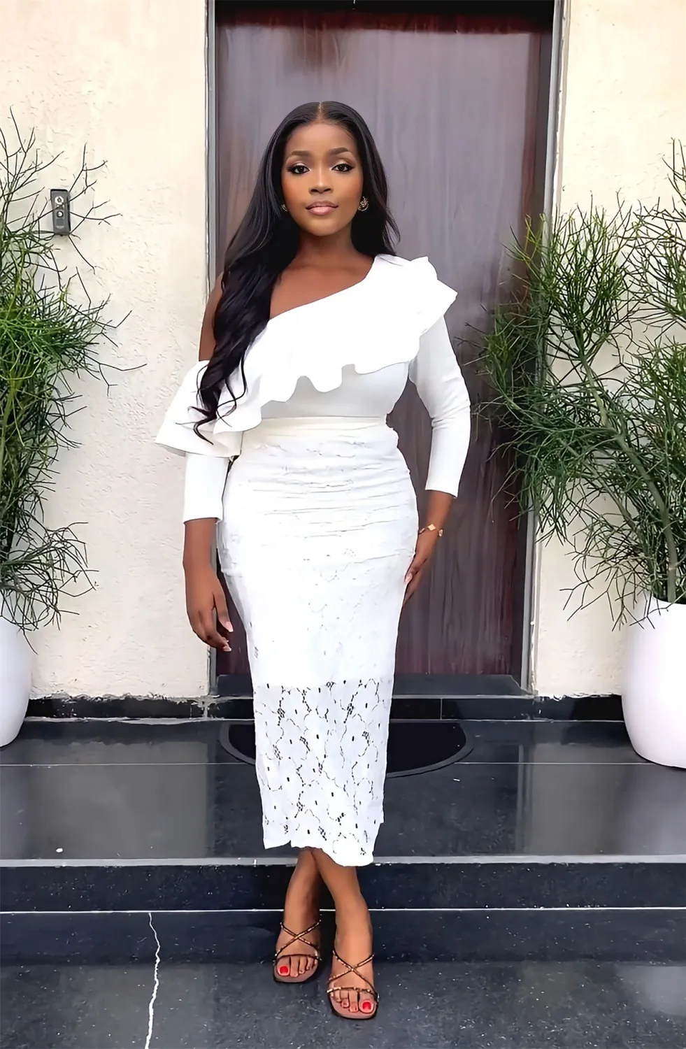 One Shoulder Ruffled Chic Evening Dress Slim Lace Bodycon Dress - Image 5