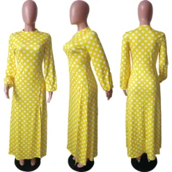 Women's Spring And Winter Round Neck Polka Dot Long Sleeve High Slit Midi Dress
