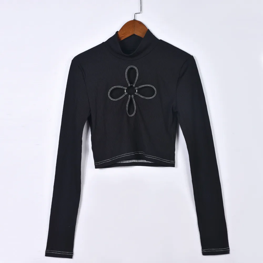 Women Round Neck Four Leaf Cutout Solid Long Sleeve Crop Top - Image 7
