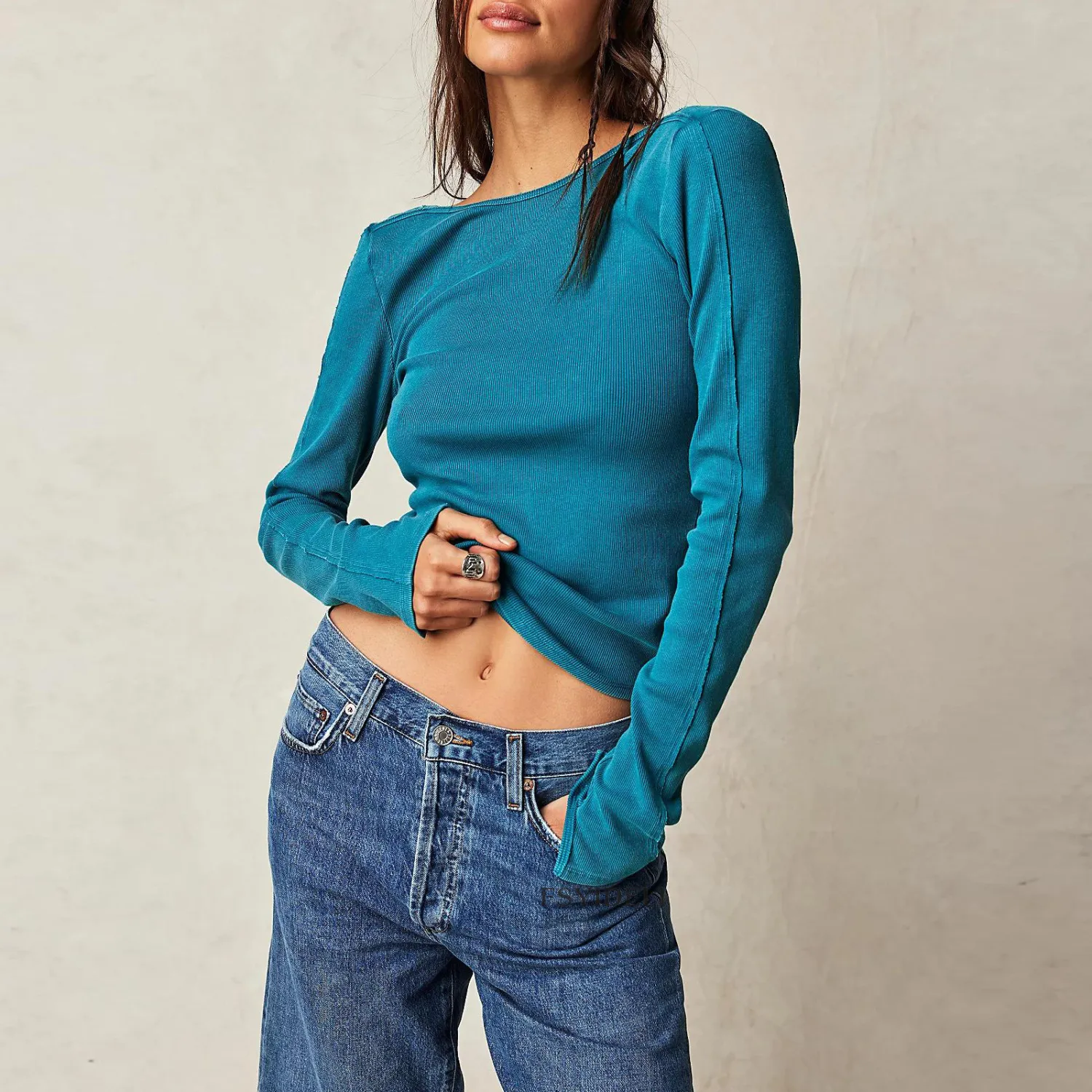 Spring And Autumn Solid Color Round Neck Sexy Open Back Ribbed T-Shirt Tops For Women - Image 12