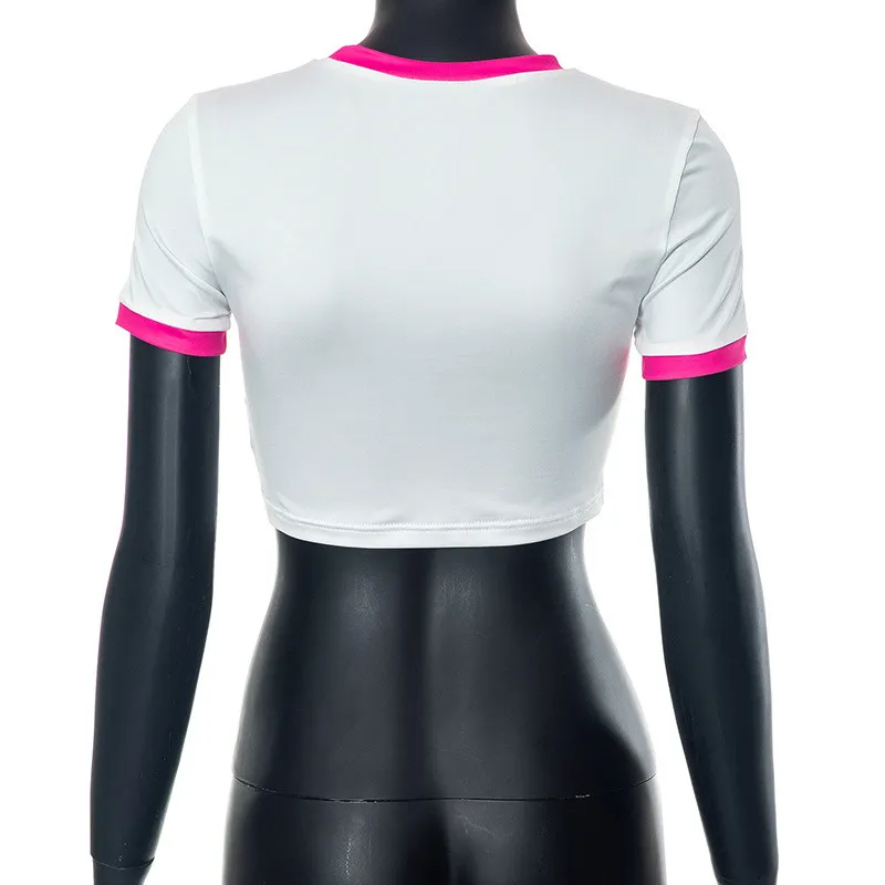 Women Summer Color Contrast Print T-shirt Top - Image 6