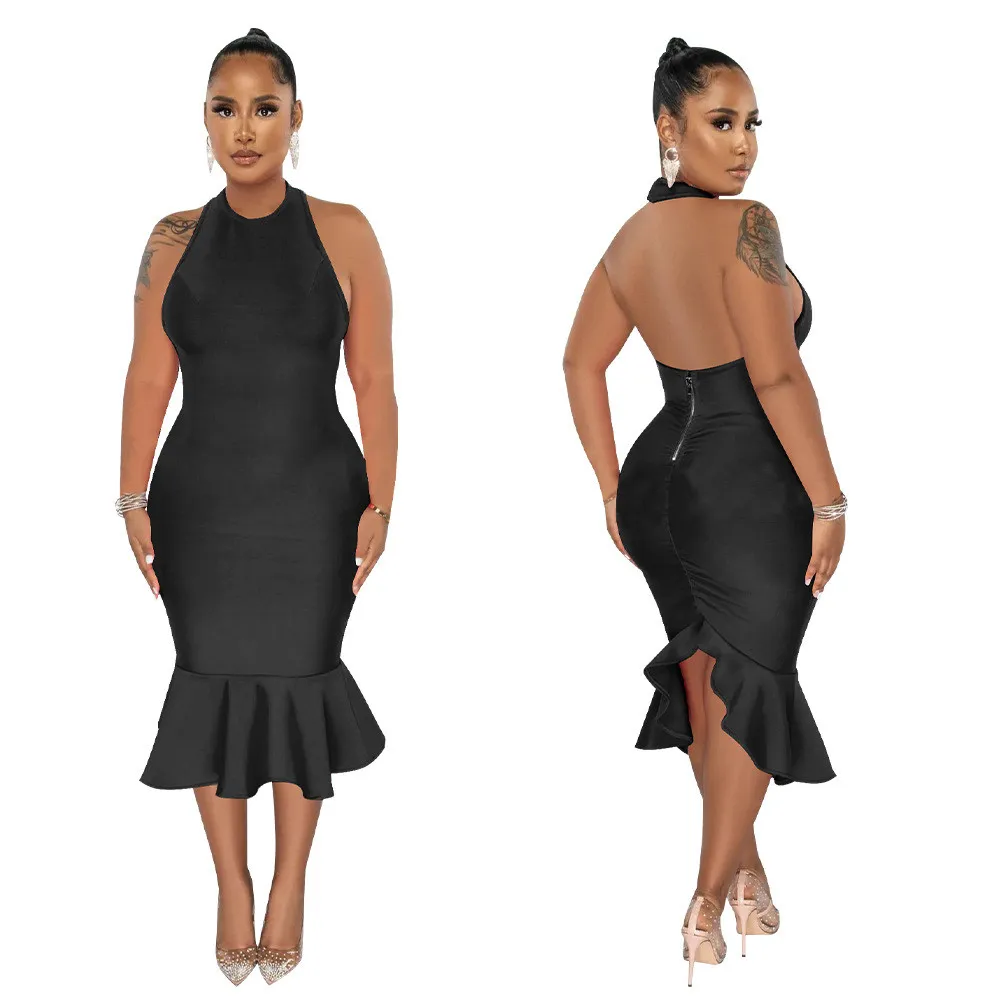 Women's Solid Color Halter Neck Bodycon Mermaid Party Dress - Image 7