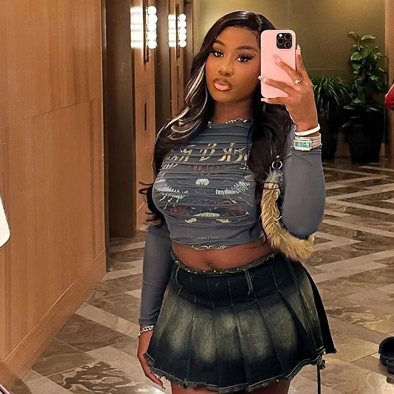 Women Printed Long Sleeve Sexy See-Through Crop Top - Image 5