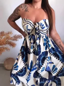 Women Printed Lace-Up Elegant Dress