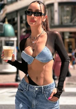 Women Streetwear Denim Mesh Patchwork See-Through Backless Crop Top