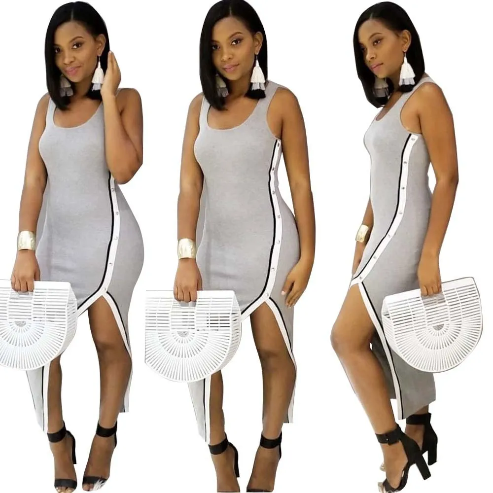 Women's Solid Color Slit Tank Dress Irregular Maxi Dress