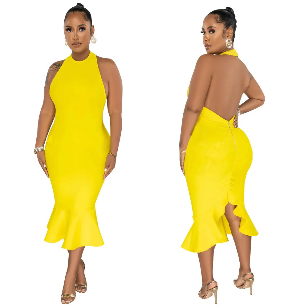 Women's Solid Color Halter Neck Bodycon Mermaid Party Dress - Image 3