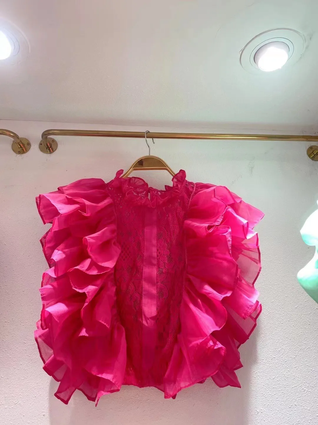 Women Summer French Ruffle Patchwork Crochet Hollow Stand Collar Lace Shirt - Image 9