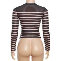 Autumn Women's Fashion Mesh Digital Print Contrast Color Round Neck Slim Top For Women