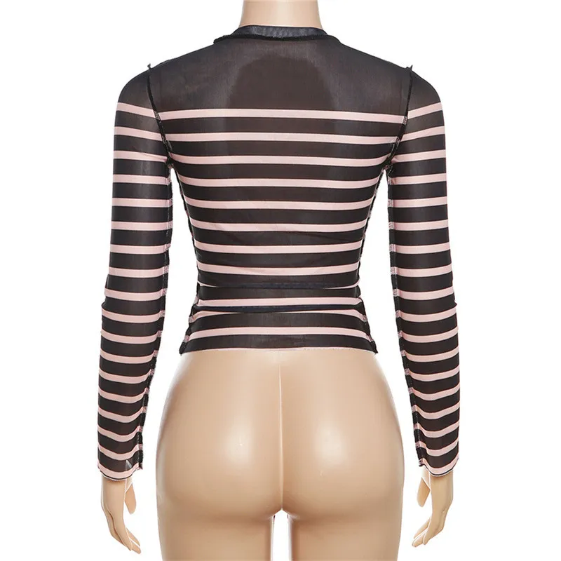 Autumn Women's Fashion Mesh Digital Print Contrast Color Round Neck Slim Top For Women