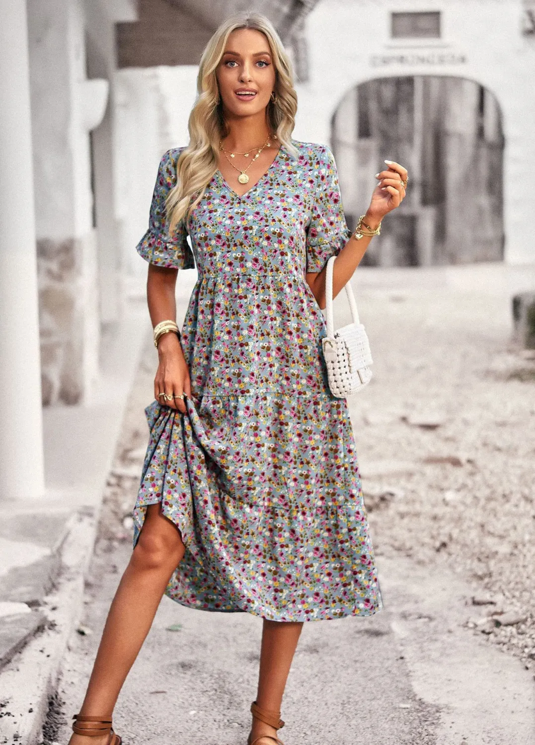 Chic Elegantsummer V Neck Short Sleeve Holidays Casual Dress - Image 4