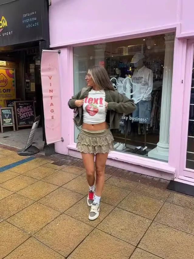 Women Short Sleeve Printed Strawberry Crop T-Shirt - Image 6