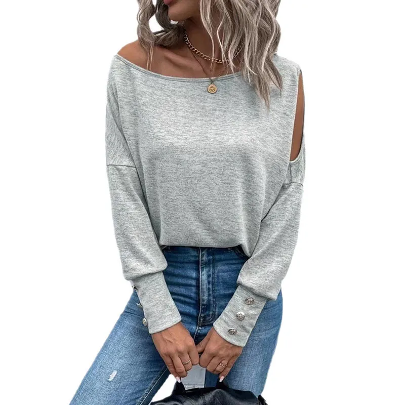 Women Solid Off Shoulder Cuff Button T-Shirt - Image 11