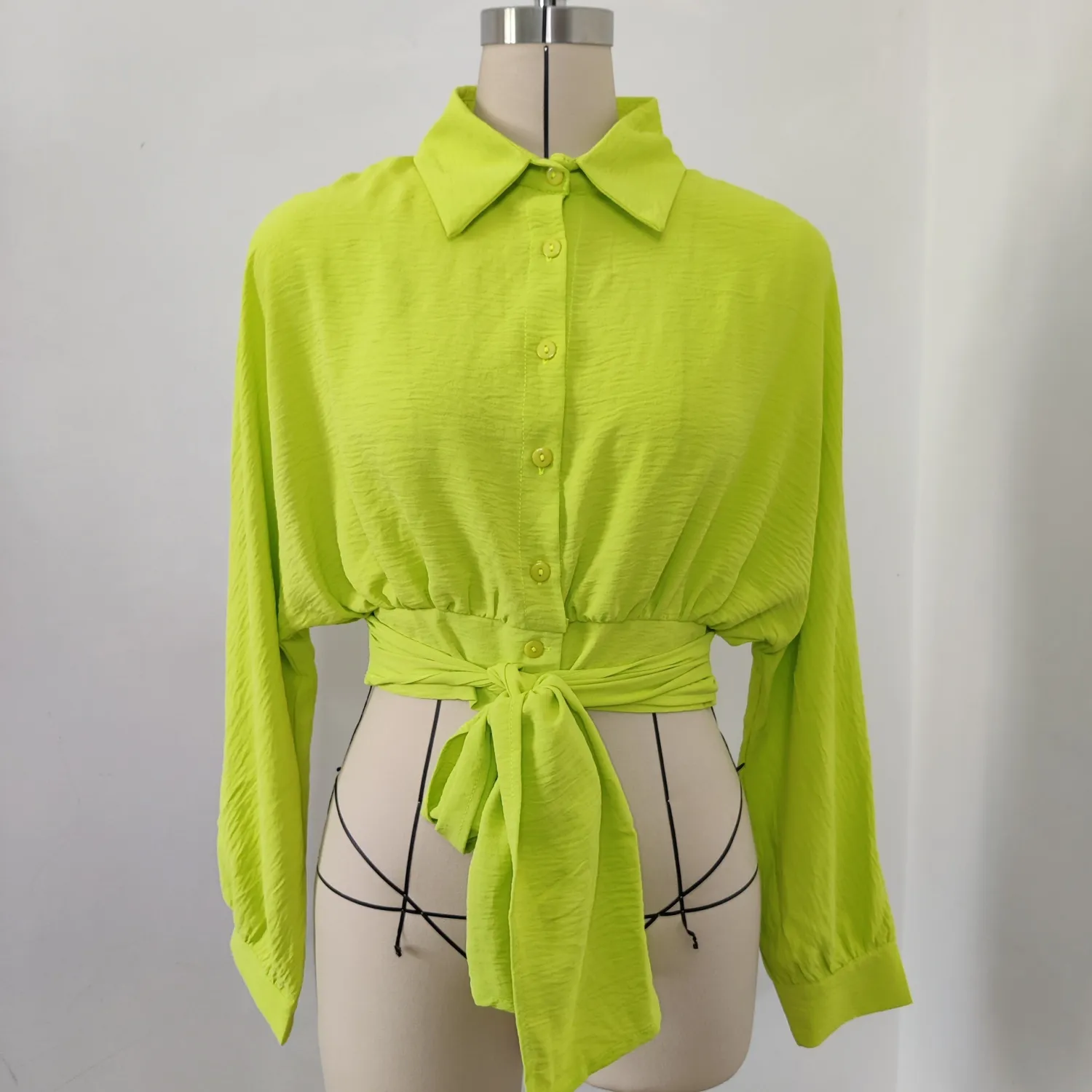 Women's Lace Up Long Sleeve Cardigan Spring Summer Bat Sleeves Crop Loose Shirt - Image 13