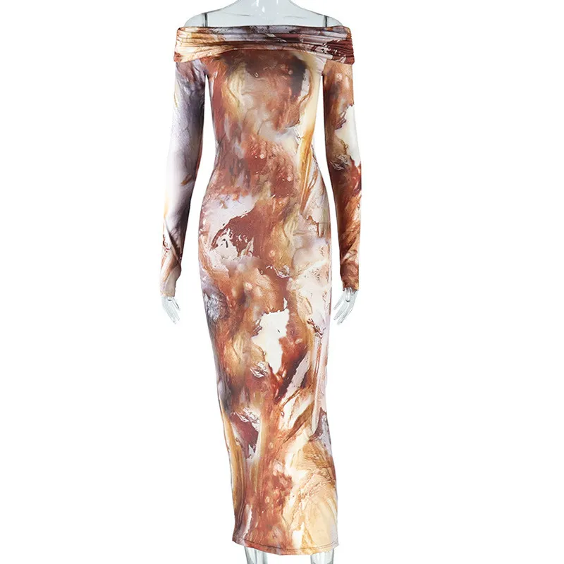 Women's Retro Fashion Print Sexy Off Shoulder Long Sleeve Trendy Dress - Image 9