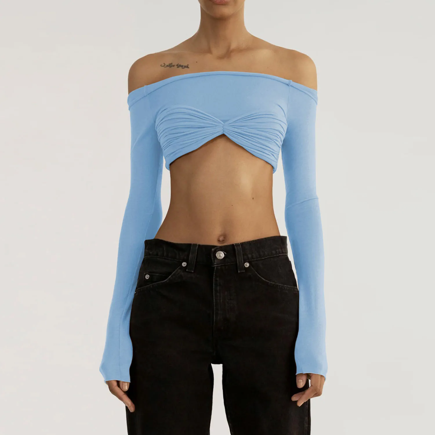 Spring Summer Women'S Off Shoulder See-Through Long Sleeve Cropped Top - Image 8