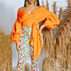 Summer Fashion Solid Color Off-Shoulder Cross Lace-Up Puff Sleeve Sexy V-Neck Shirt African Top