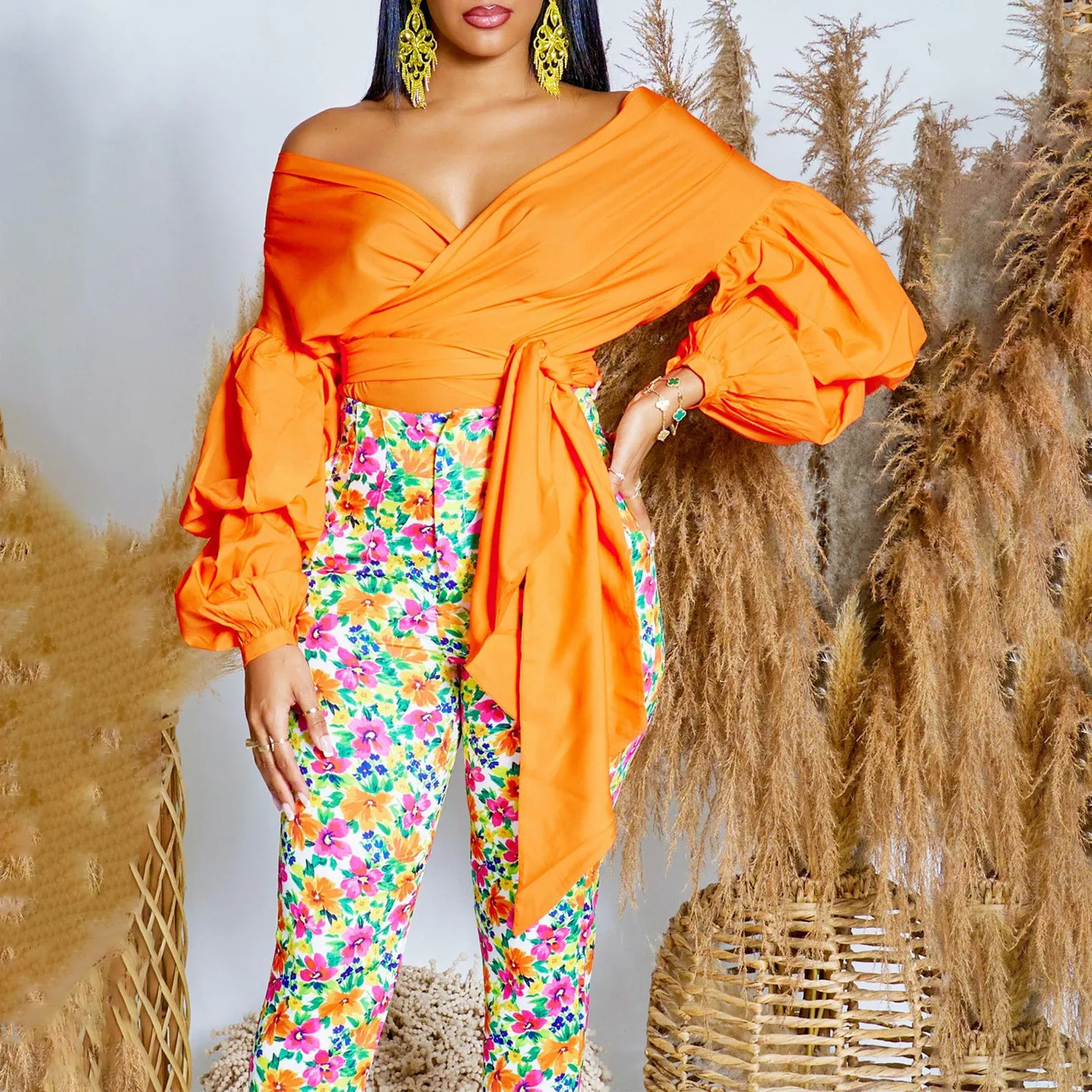 Summer Fashion Solid Color Off-Shoulder Cross Lace-Up Puff Sleeve Sexy V-Neck Shirt African Top