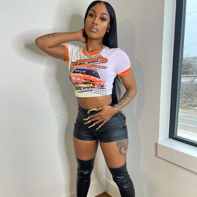 Women Summer Color Contrast Print T-shirt Top - Image 4