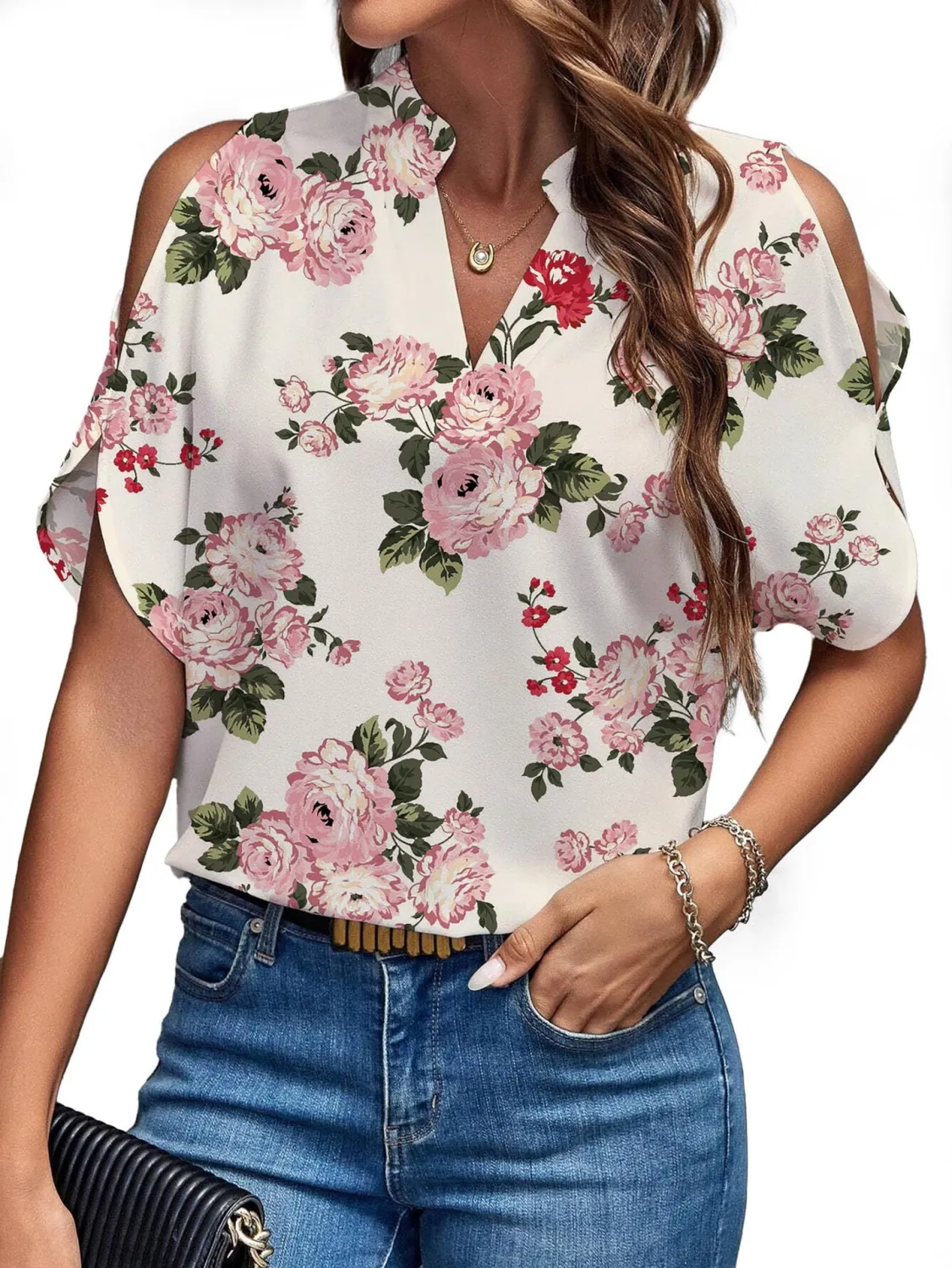 Women's Summer Solid Color V-Neck Cutout Short Sleeves Chic Fashion Women's Top - Image 6
