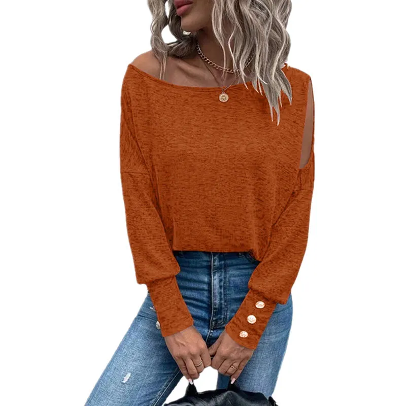 Women Solid Off Shoulder Cuff Button T-Shirt - Image 4