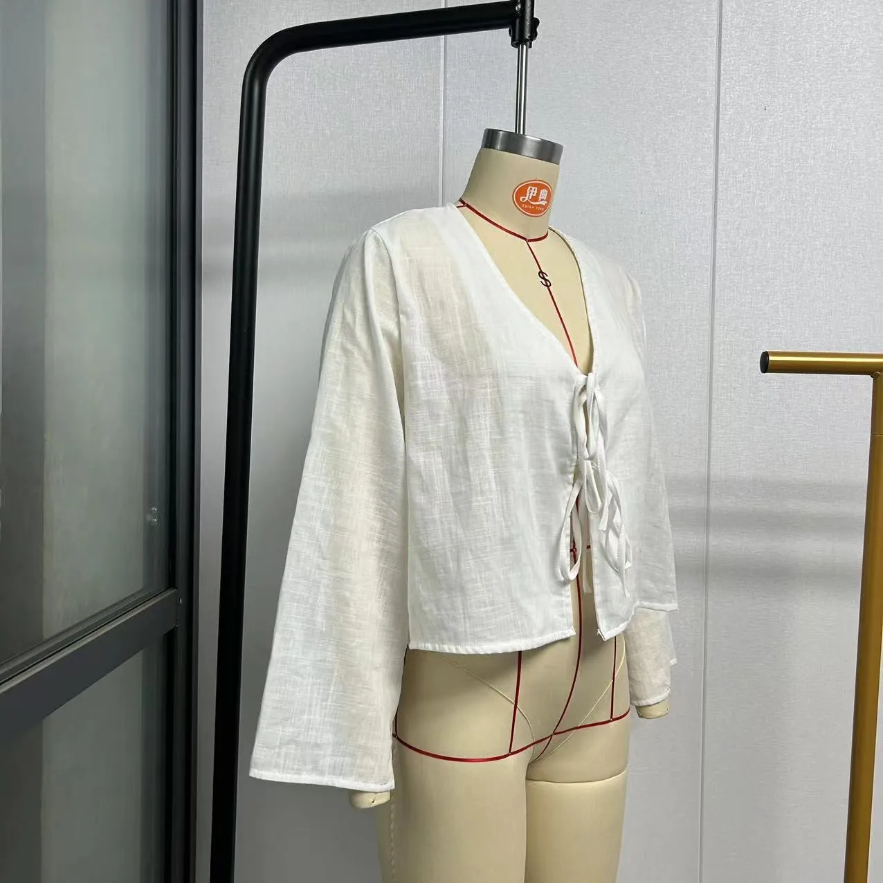 Women's Deep V Bell Bottom Sleeve Lace-Up Tops - Image 6