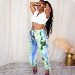 Women Clothes Tie Dye Printed Fringe Casual Pants