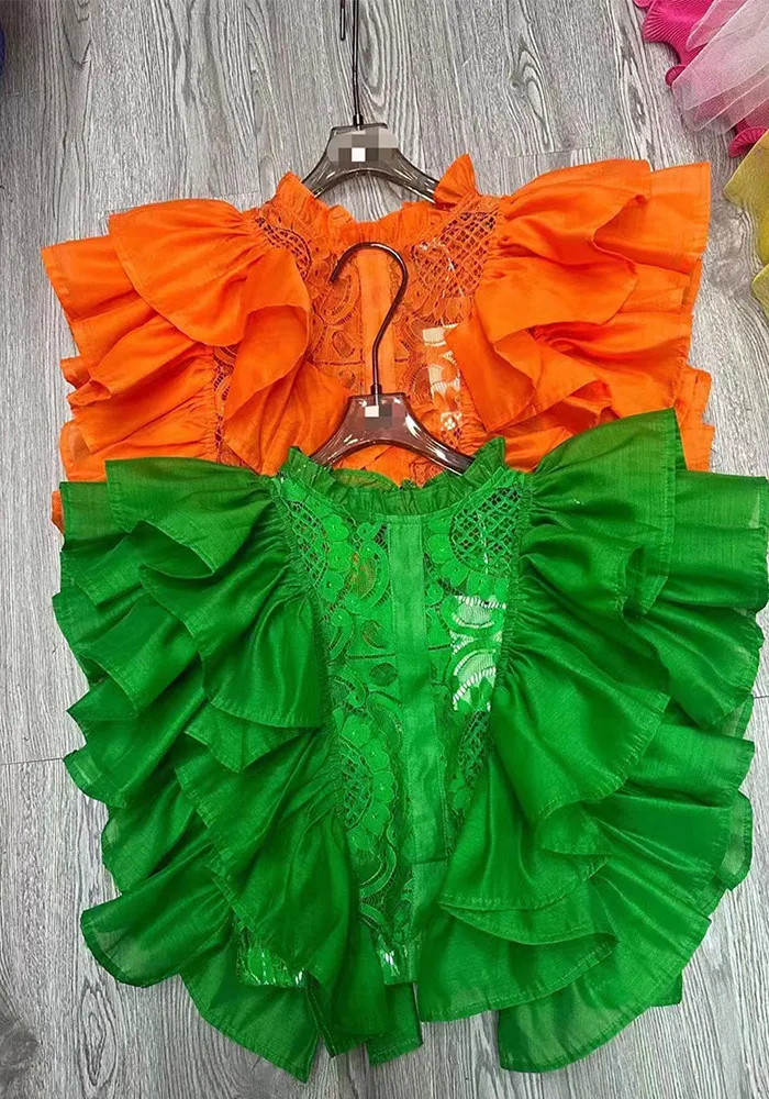 Women Summer French Ruffle Patchwork Crochet Hollow Stand Collar Lace Shirt - Image 12