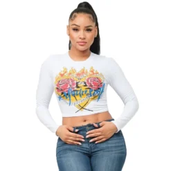 Women Round Neck Letter Long Sleeve Crop T-Shirt