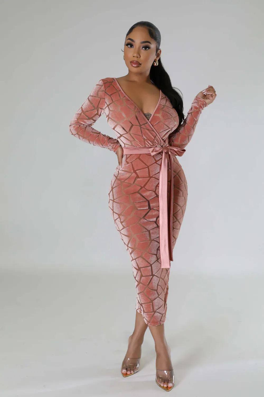 Women's Flocked Long Sleeve V-Neck Nightclub Dress - Image 11